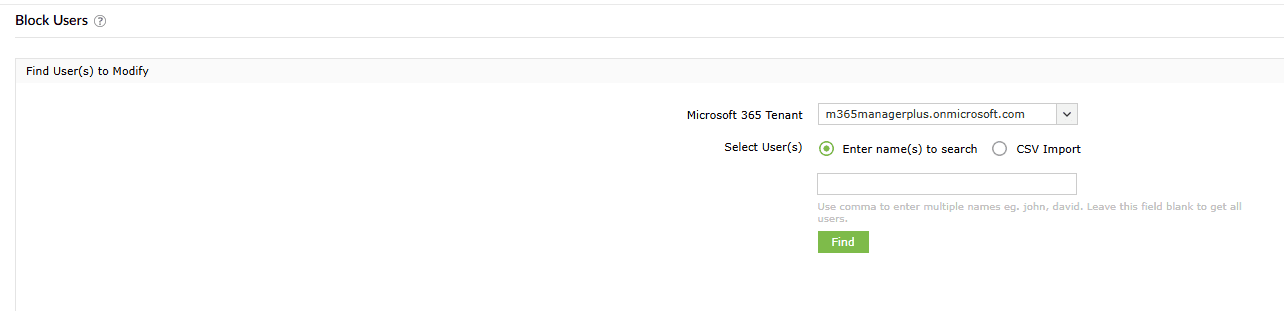 The M365 Manager Plus Block Users task with options to select a Microsoft 365 Tenant and search for users to disable.