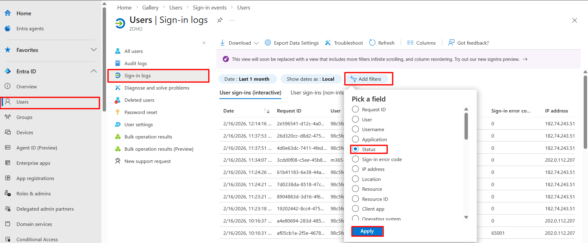The Microsoft Entra admin center Sign-in logs page with the Add filters menu open and the Status radio button selected to track login attempts.