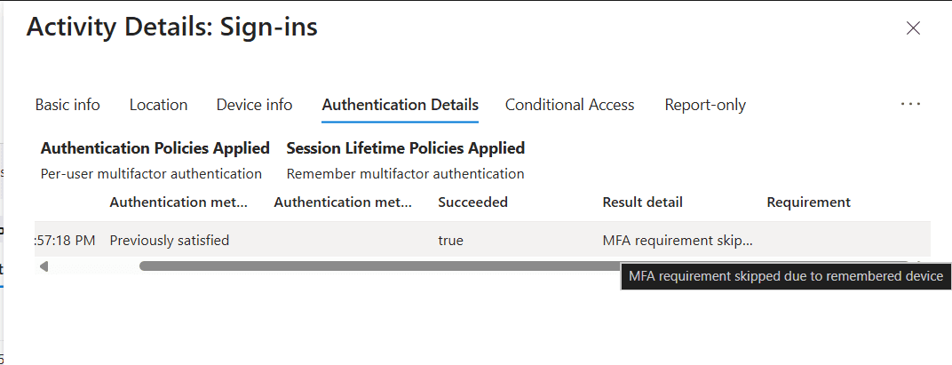 The Microsoft Entra admin center Activity Details window showing the Authentication Details tab with the details of the failed login attempt such as the time, Authentication method, and Result detail.