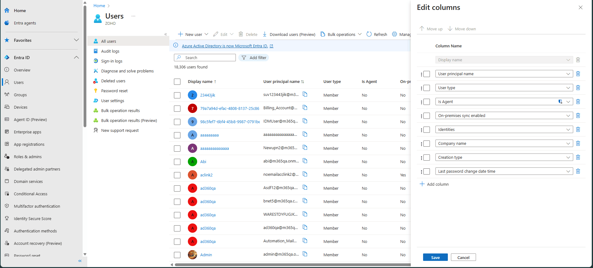 The Microsoft Entra admin center's Edit columns pane where the Last password change date time attribute is selected to update the user view.