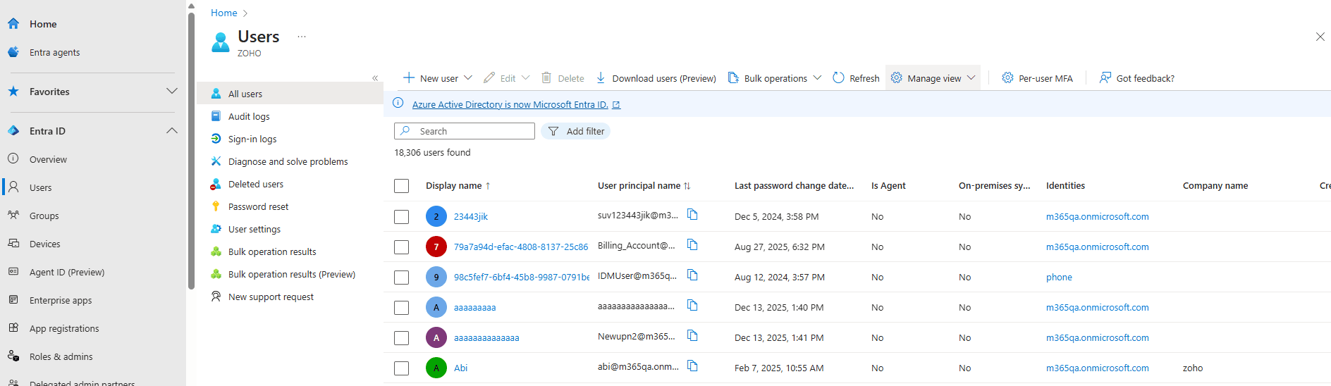 The Microsoft Entra admin center user list displaying the Last password change date time column alongside display names and principal names.