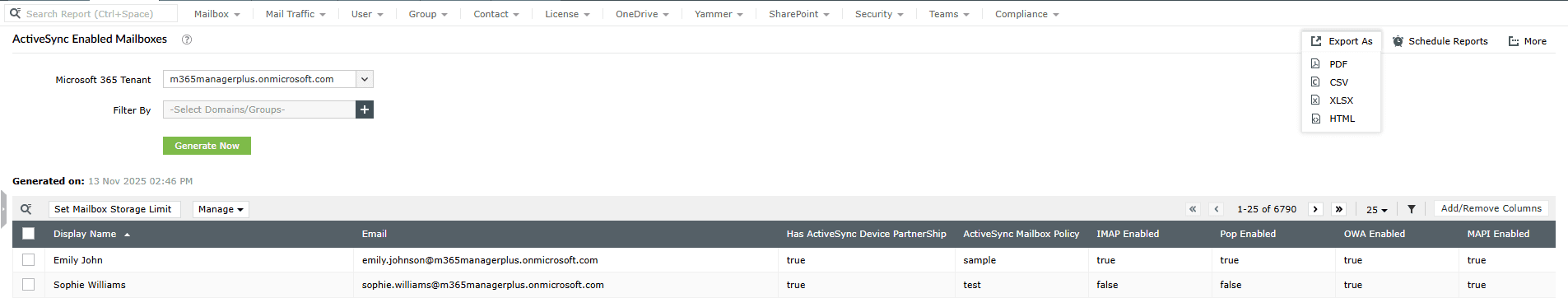 M365 Manager Plus ActiveSync Enabled Mailboxes report showing user emails, protocol status, and the Export As menu.