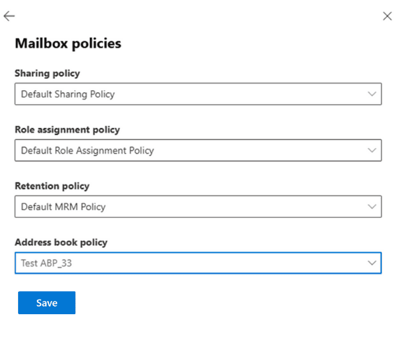 The Exchange admin center Mailbox policies pop-up with the Address book policy drop-down highlighted.