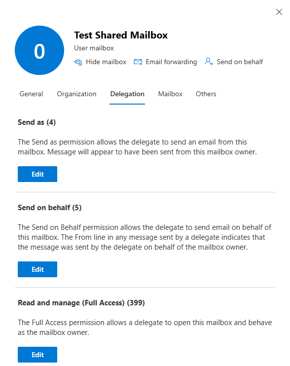 The Exchange admin center's mailbox details pane, with the Delegation tab showing the Send as, Send on behalf, and Read and manage (Full Access) permissions.