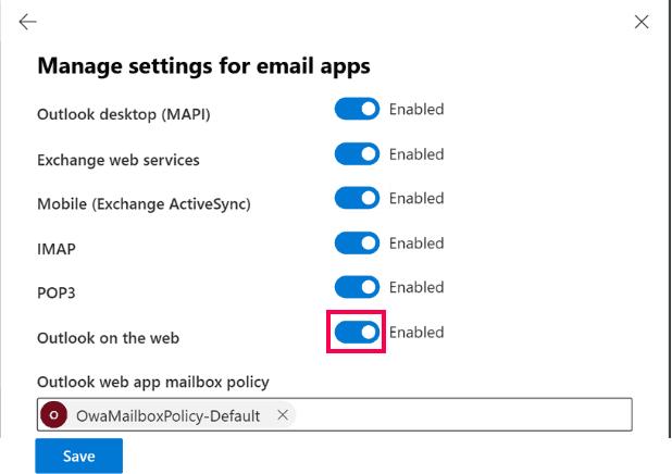 The Exchange admin center 'Manage settings for email apps' pop-up with the 'Outlook on the web' toggle highlighted.