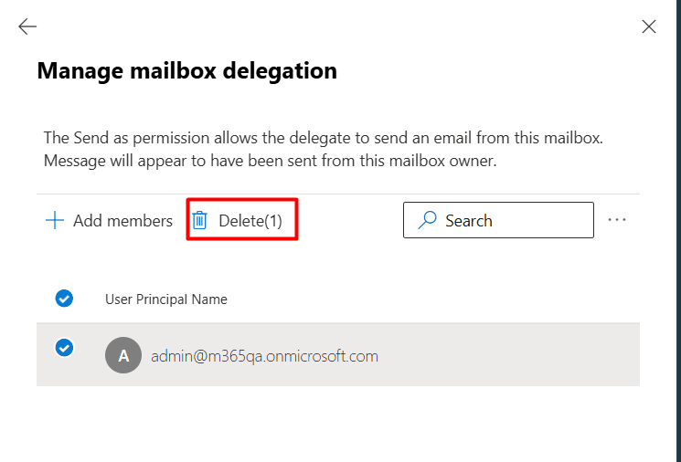 The Manage mailbox delegation pane with the Delete option highlighted to remove mailbox permission.