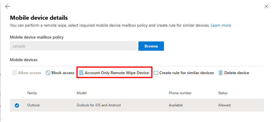 The Exchange admin center showing the Account Only Remote Wipe Device option for a mobile device.