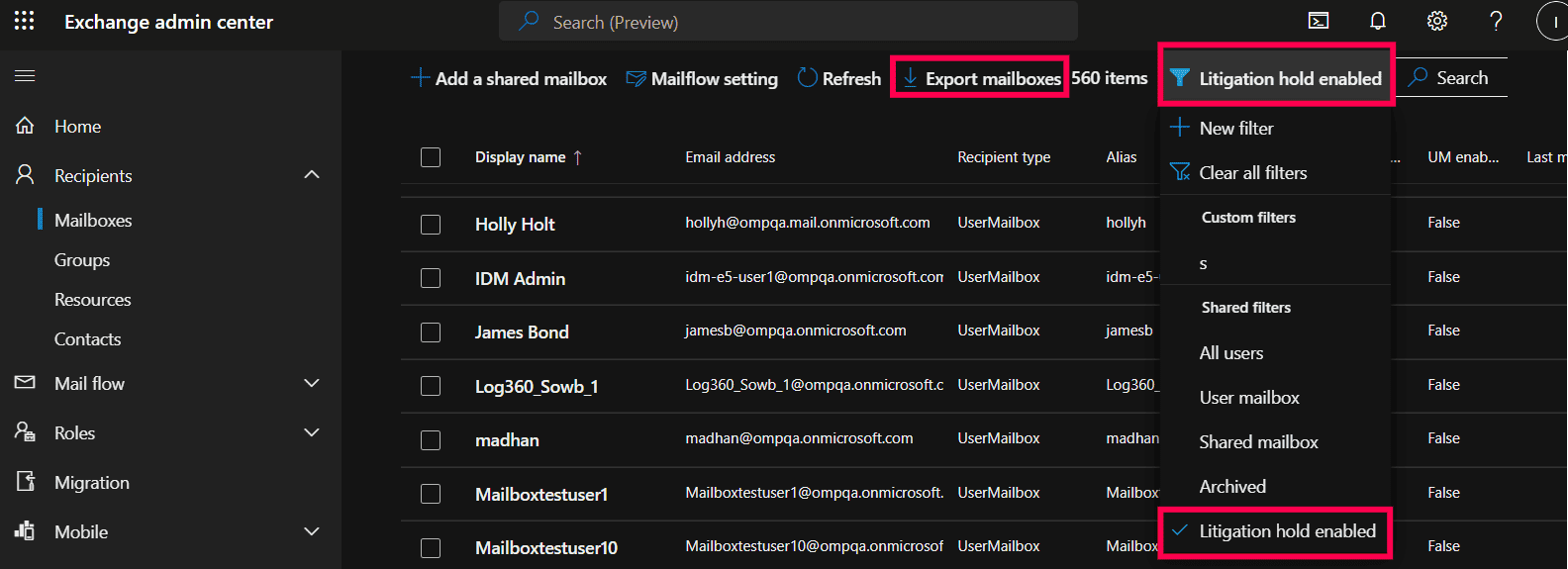 The Exchange admin center Mailboxes list showing five users who have Litigation hold enabled as a filter. The Export mailboxes button is highlighted.