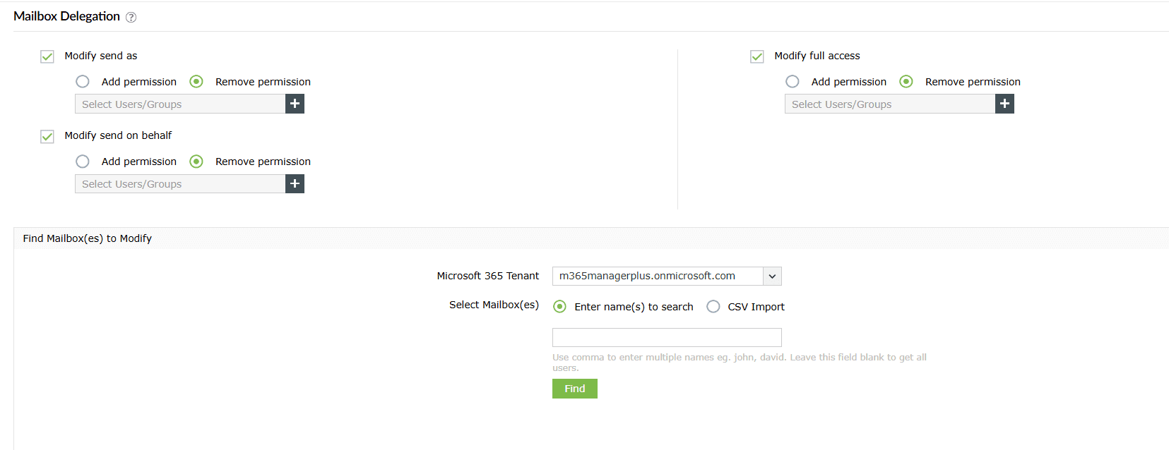 The Mailbox Delegation task in M365 Manager Plus showing the options to remove mailbox permissions from Exchange Online mailboxes.