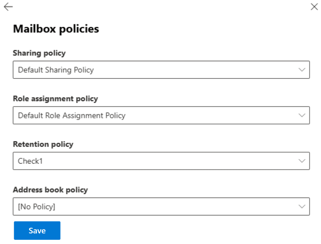 The Mailbox Settings page in the Exchange Admin Center showing the retention policy assigned to a user mailbox.