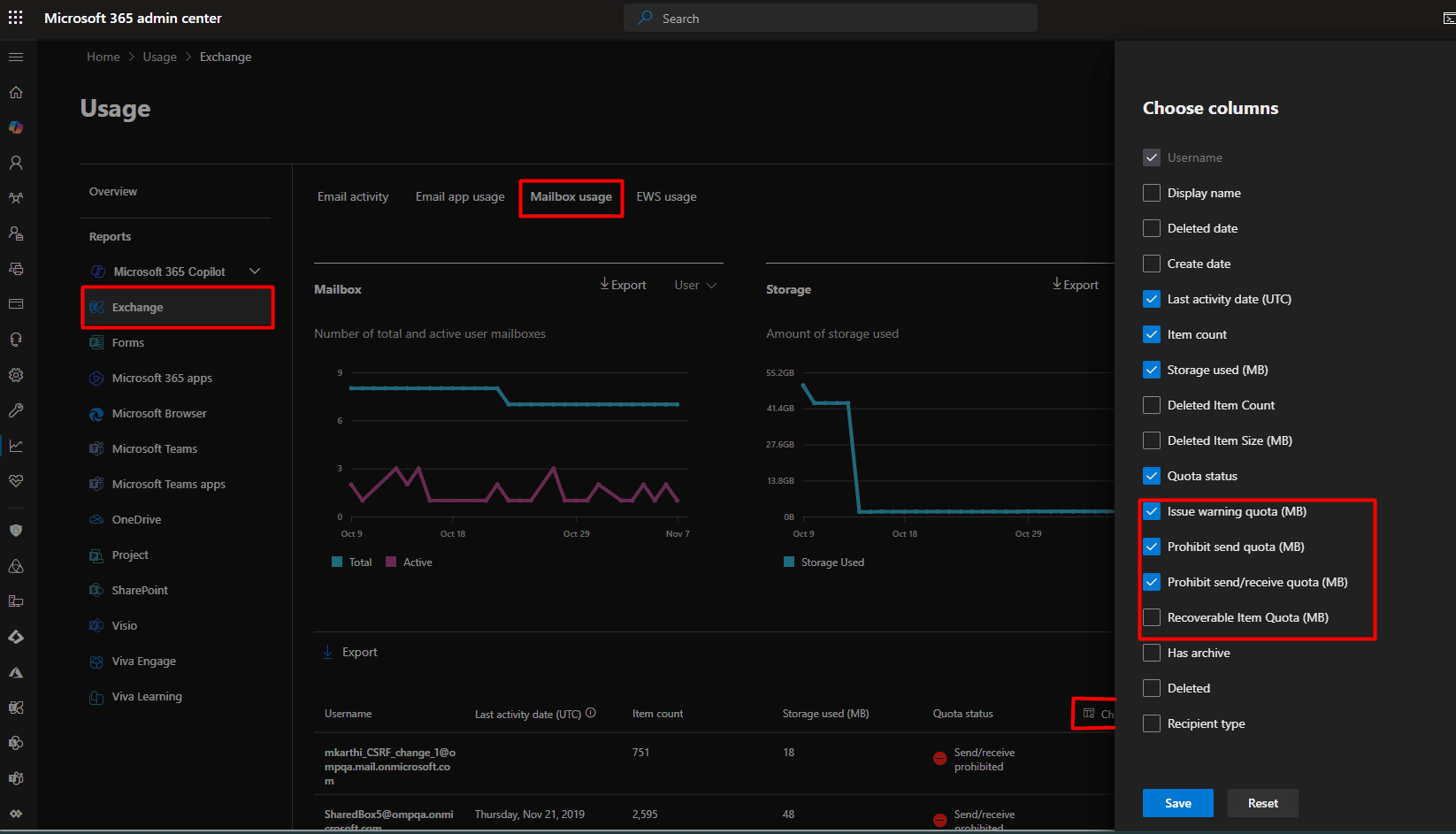 The Microsoft 365 admin center Usage report, showing the Mailbox usage tab and the Choose columns pane with the Quota status options highlighted.