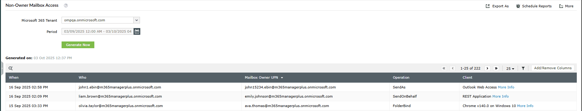 The Non-Owner Mailbox Access report in M365 Manager Plus showing details of who accessed which mailbox, the permission assigned to them, and when the access event occurred.