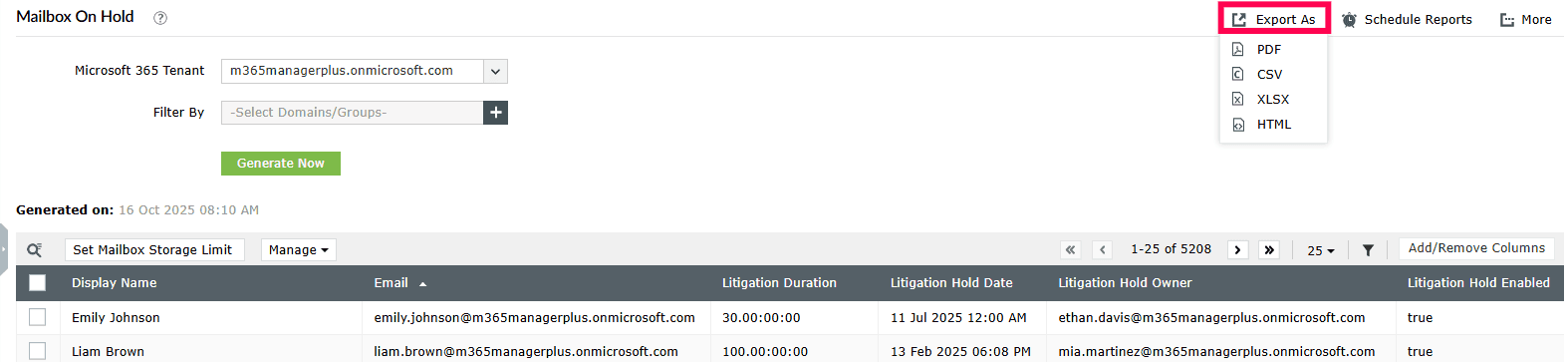 M365 Manager Plus Mailbox On Hold report showing Litigation Duration, Litigation Hold Date, and Litigation Hold Owner columns, with the Export As button highlighted.