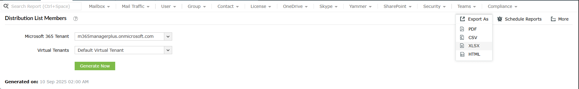 The Export As menu in M365 Manager Plus with options to export distribution list members in PDF, CSV, XLSX, or HTML format.