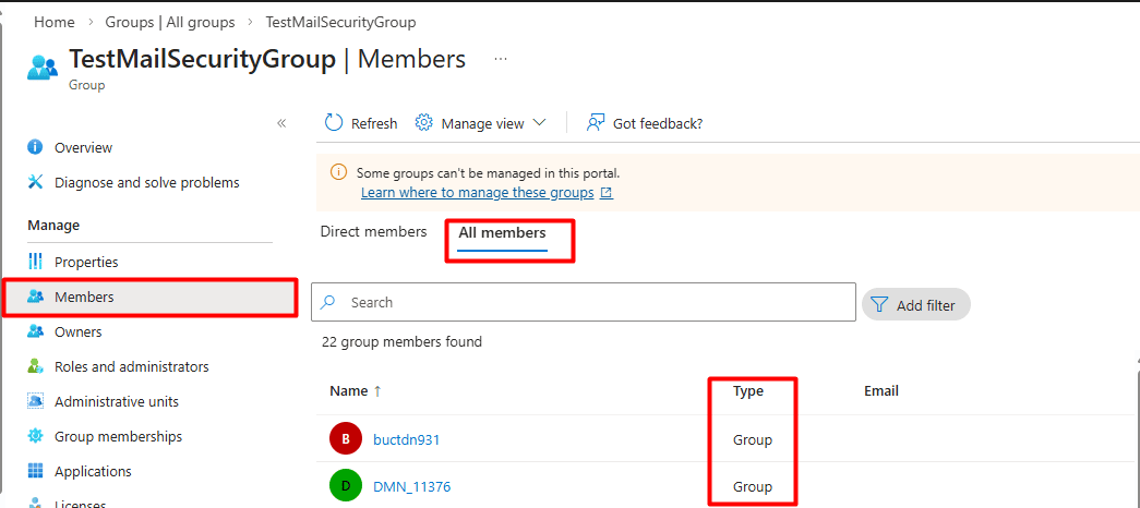 The Members tab of a group in the Microsoft Entra admin center showing the list of Microsoft 365 nested group members with the type Group.