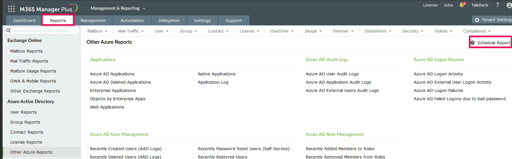 The M365 Manager Plus Reports section with the Schedule Report option highlighted on the top right of the page.