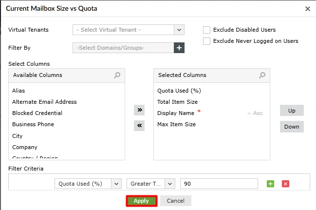 The M365 Manager Plus Current Mailbox Size vs Quota pop-up with the Apply button highlighted after setting the Quota Used (%) filter criteria.