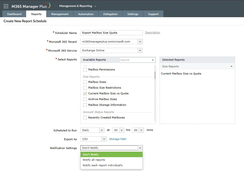 The M365 Manager Plus Create New Report Schedule page, highlighting the Don't Notify option in the Notification Settings drop-down.