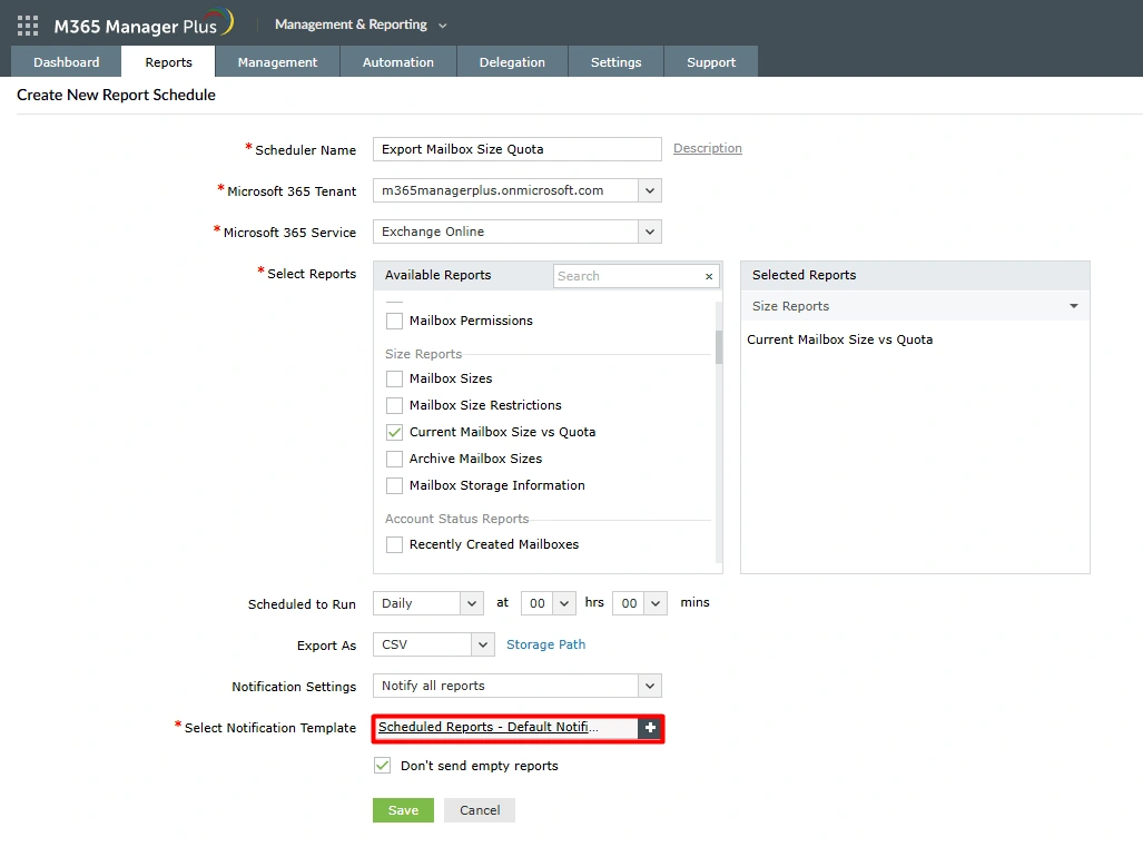 The M365 Manager Plus Create New Report Schedule page, highlighting the Select Notification Template field for configuring email notifications.