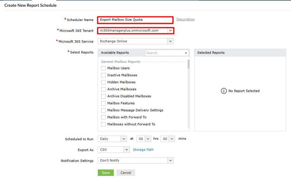 The M365 Manager Plus Create New Report Schedule page, showing the Exchange Online service selected and fields for Scheduler Name and Tenant.