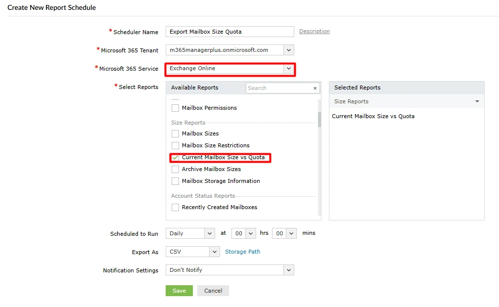 The M365 Manager Plus Create New Report Schedule page, highlighting the Current Mailbox Size vs Quota report selection under Size Reports.