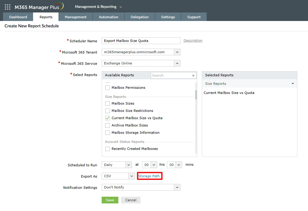 The M365 Manager Plus Create New Report Schedule page, showing the Storage Path link highlighted next to the Export As drop-down.
