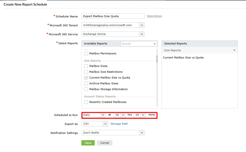 The M365 Manager Plus Create New Report Schedule page, with the Scheduled to Run options highlighted for setting recurrence.