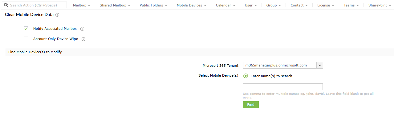 The Clear Mobile Device Data task in M365 Manager Plus showing the Account Only Remote Wipe Device option. 