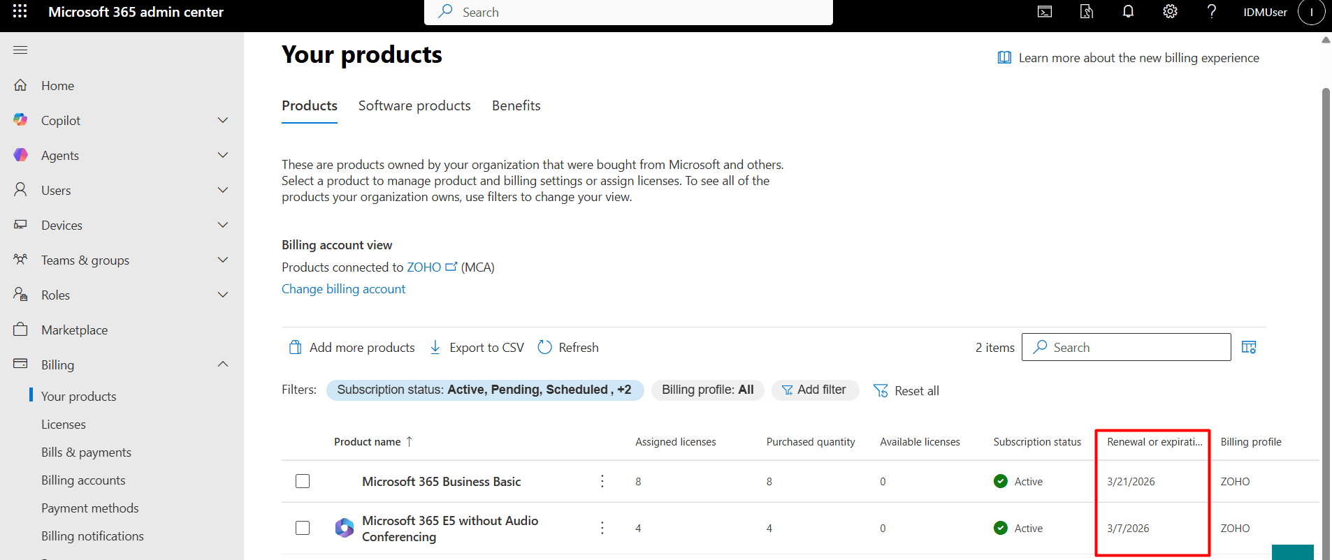 The Microsoft 365 admin center displaying subscription statuses with the Renewal or expiration date column highlighted.