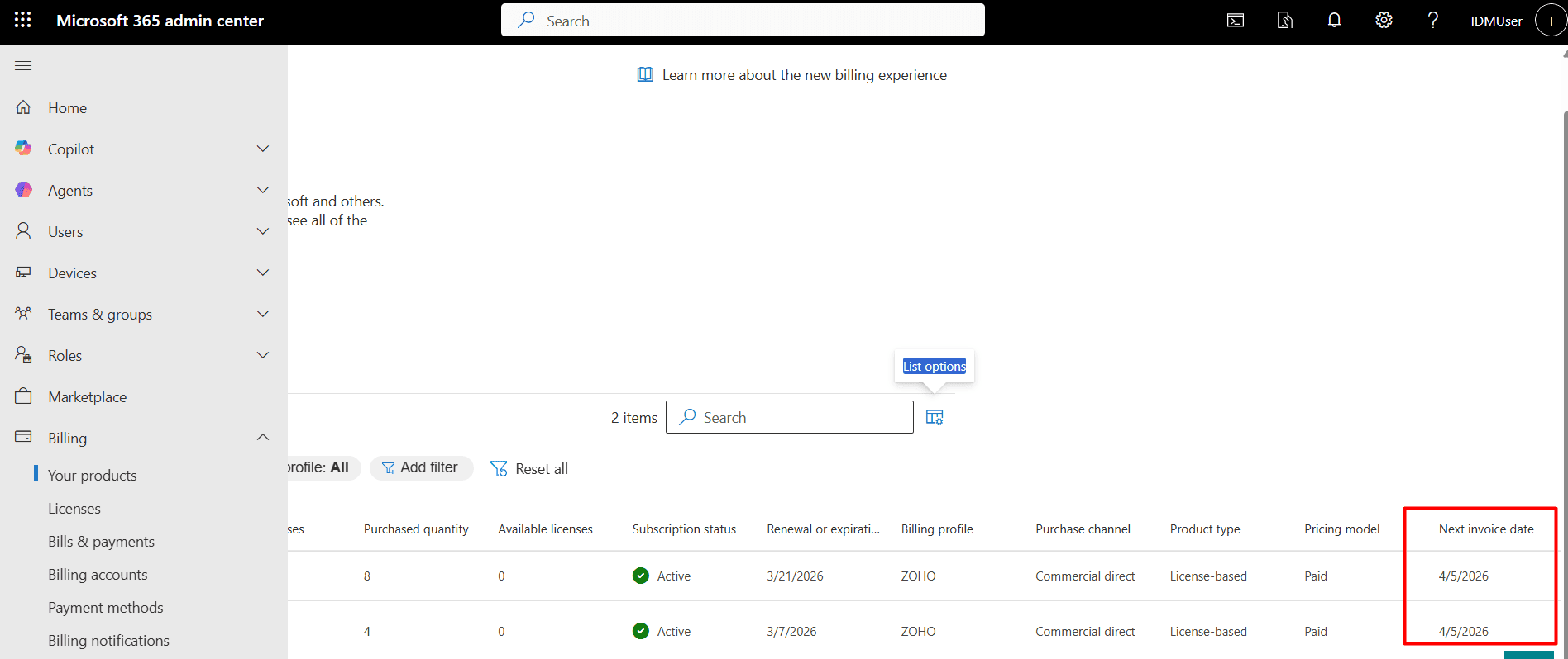 The Microsoft 365 admin center showing the Next invoice date column for licenses with recurring billing enabled in the view.