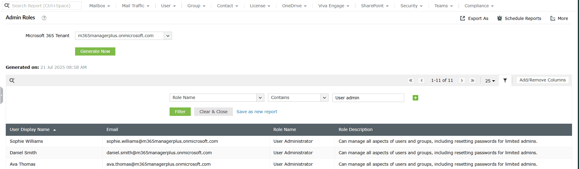 The M365 Manager Plus Admin Roles report displaying a list of users, their emails, and role names.