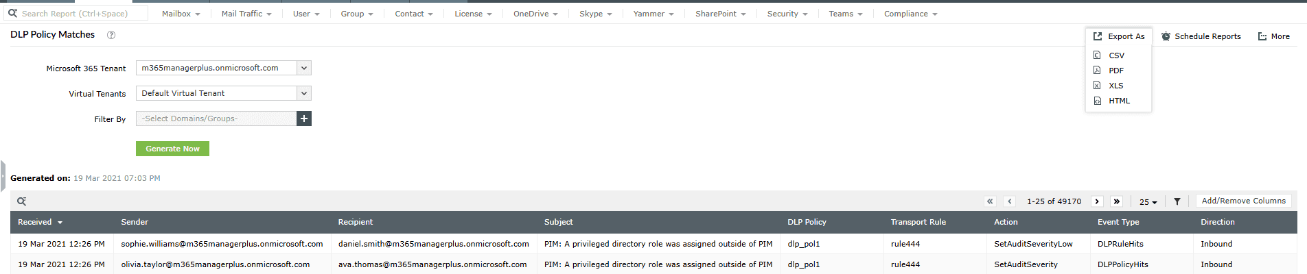 The DLP Policy Matches report in M365 Manager Plus displaying the email subject, DLP policy, and the action taken after the DLP rule match.