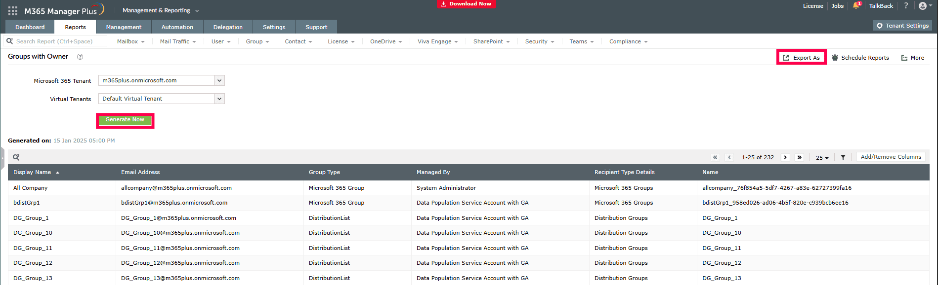 The M365 Manager Plus Groups with Owner report, displaying a list of groups with their respective owners and an option to export the data.