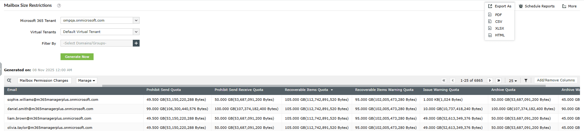 The M365 Manager Plus Mailbox Size Restrictions report showing a list of mailboxes and their quota details, with the Export As drop-down menu expanded.