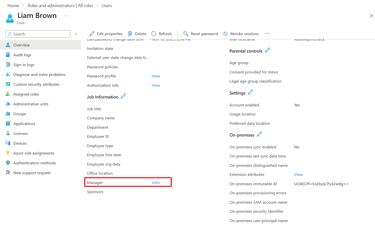 The Microsoft Entra admin center showing a user's Properties tab with the Manager attribute highlighted.
