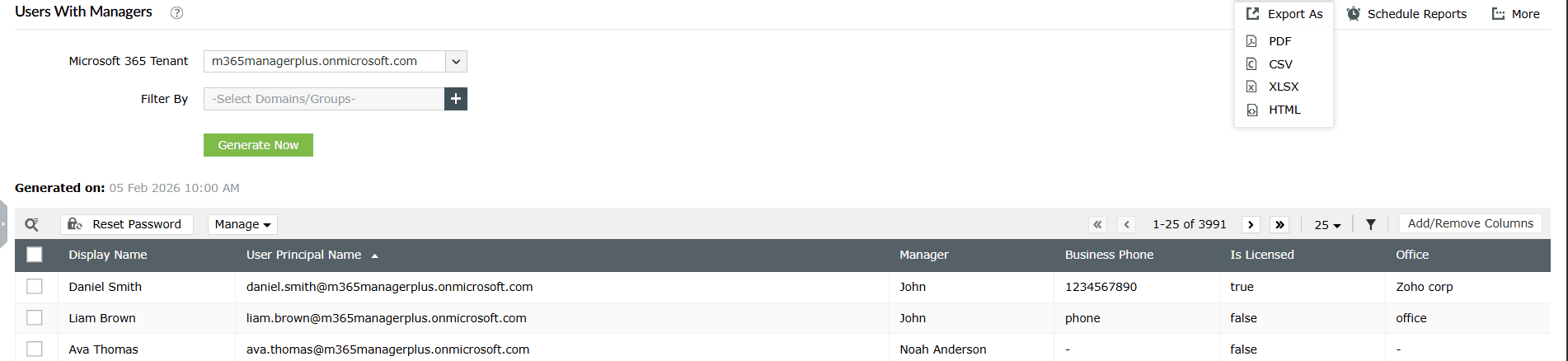 The Users with Managers report in M365 Manager Plus, showing a list of Microsoft 365 users and their assigned managers.