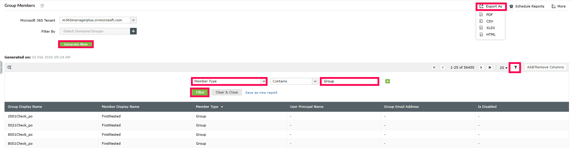 The Group Members report in M365 Manager Plus showing the list of Microsoft 365 nested group members filtered for the type Group.