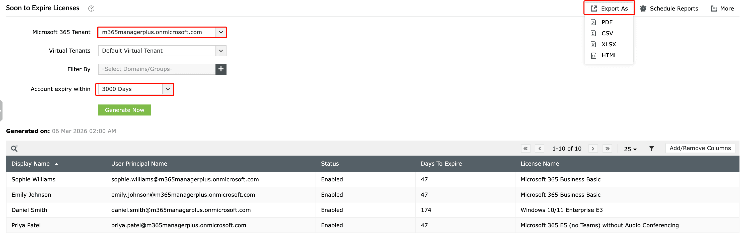 The M365 Manager Plus Soon to Expire Licenses report displaying Microsoft 365 licenses that are close to expiring.
