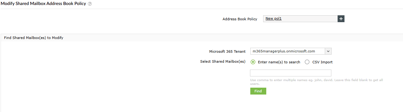 The M365 Manager Plus Modify Address Book Policy page, with the option to choose the address book policy to apply to your mailboxes.