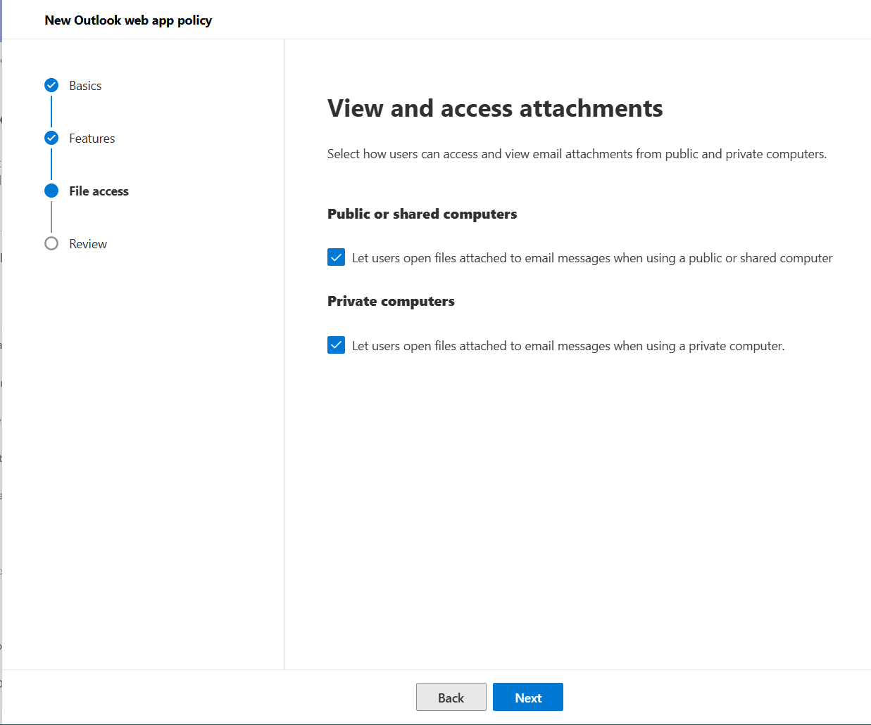 The File access page in the New Outlook web app policy page, with options to configure file and attachment access on public and private computers.