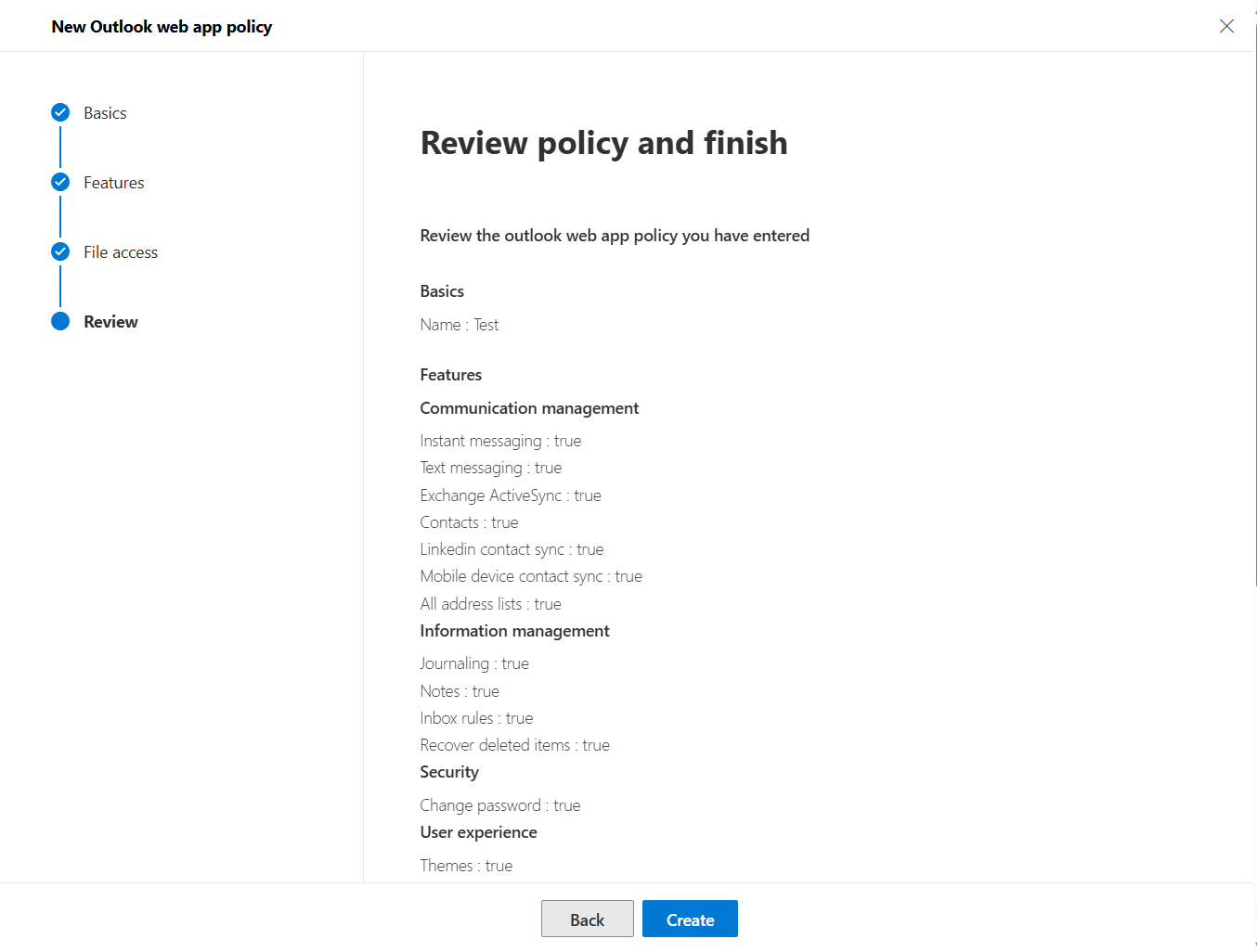 The Review policy and finish section in the New Outlook web app policy page, summarizing all configured settings before the final creation of the new OWA mailbox policy.
