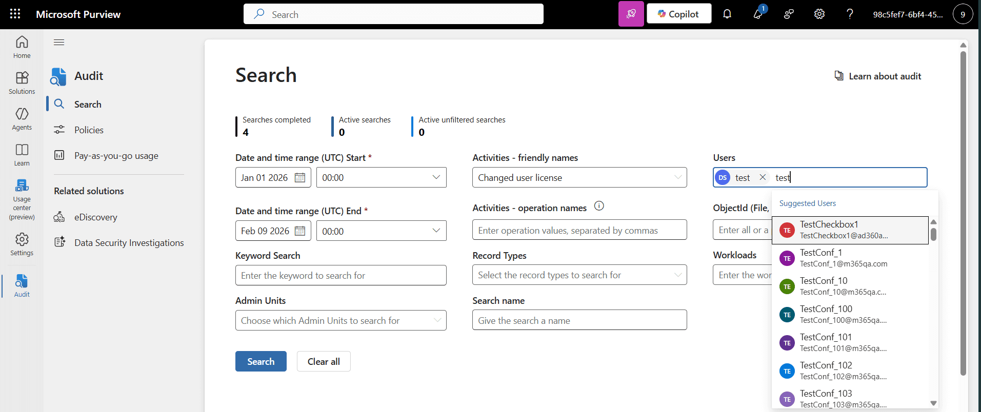 The Search page in the Audit tab of Microsoft Purview with the "Changed user license" activity selected in the Activities-friendly names field.