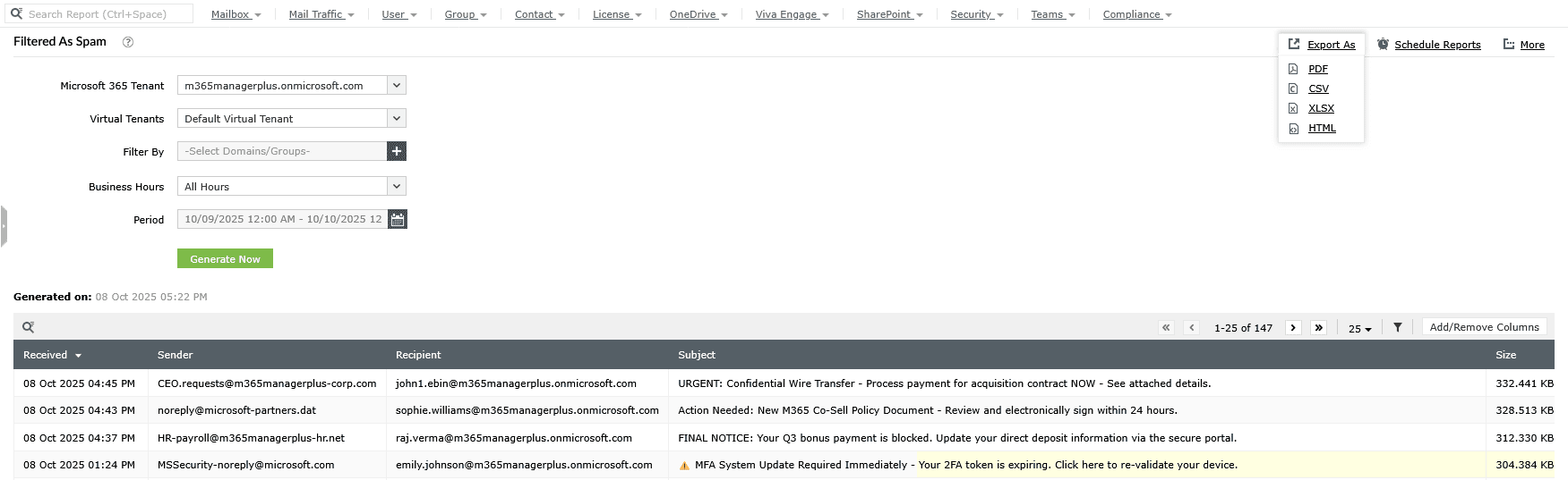 The 'Filtered as Spam' report in M365 Manager Plus displaying a list of spam emails with details such as sender, recipient, and subject.