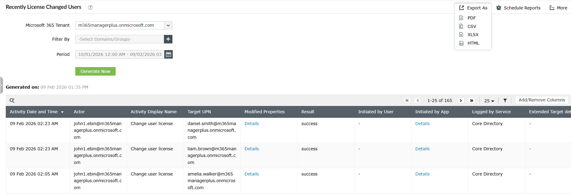 The M365 Manager Plus Recently License Changed Users report showing a list of Microsoft 365 license change activities with the Actor, Target UPN, and details on which licenses have been modified.