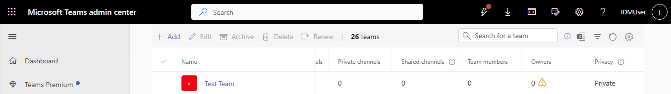 The Microsoft Teams admin center showing the Manage teams list with orphaned teams who have zero members and owners.