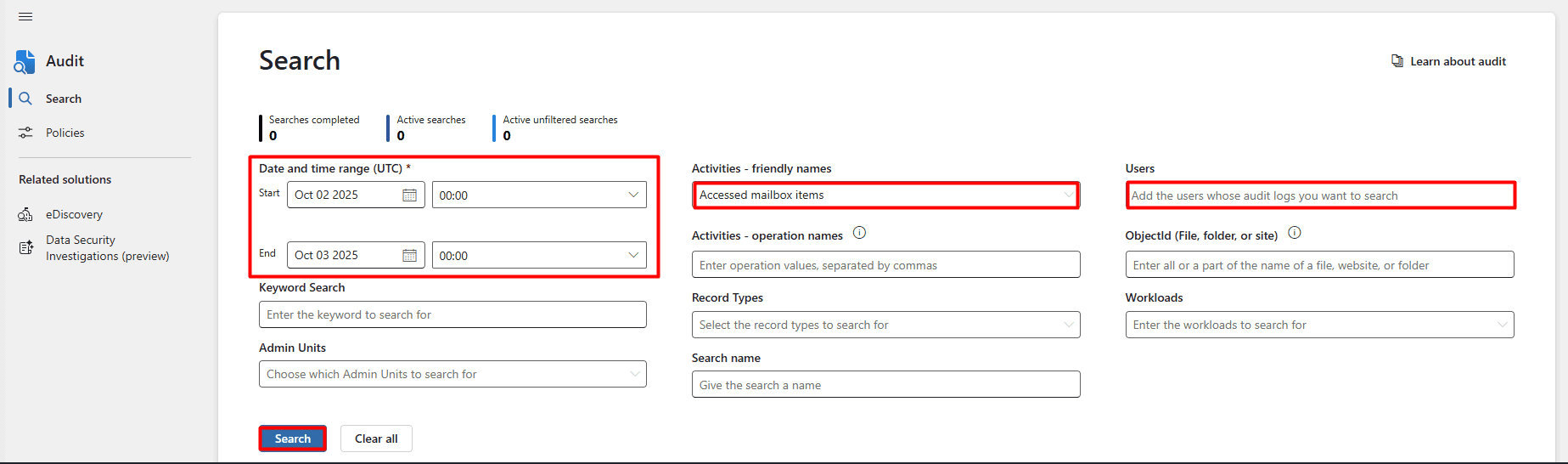  The Microsoft Purview compliance portal's Audit search page showing the fields for the date range, activities, and users configured to find non-owner mailbox access events.