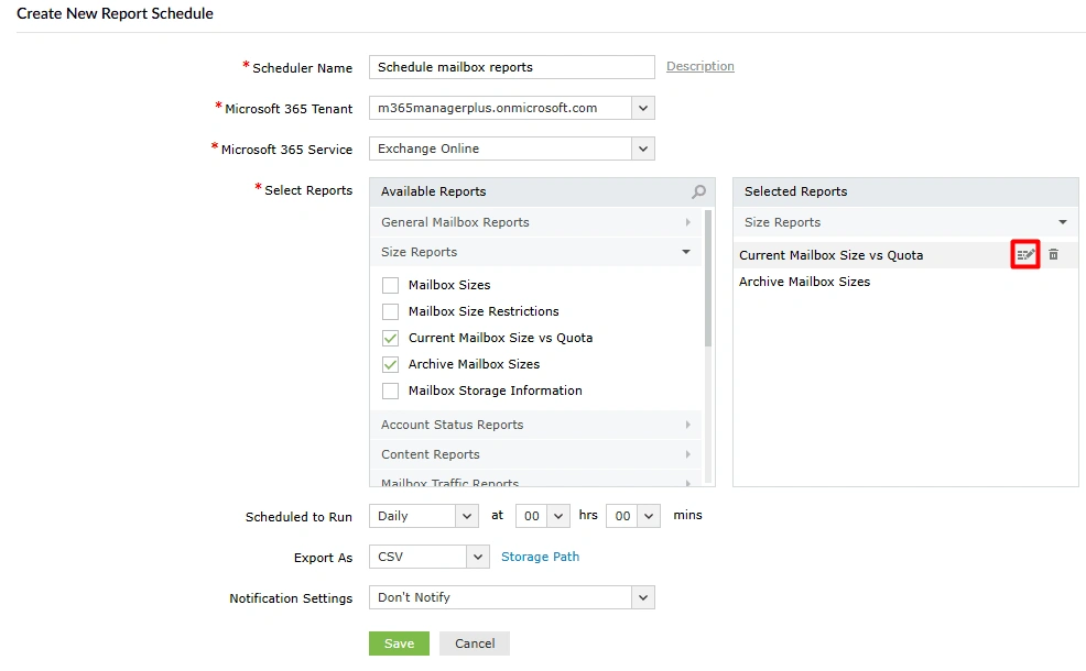 The M365 Manager Plus Create New Report Schedule page, showing the edit icon (pencil) highlighted next to the Current Mailbox Size vs Quota report.