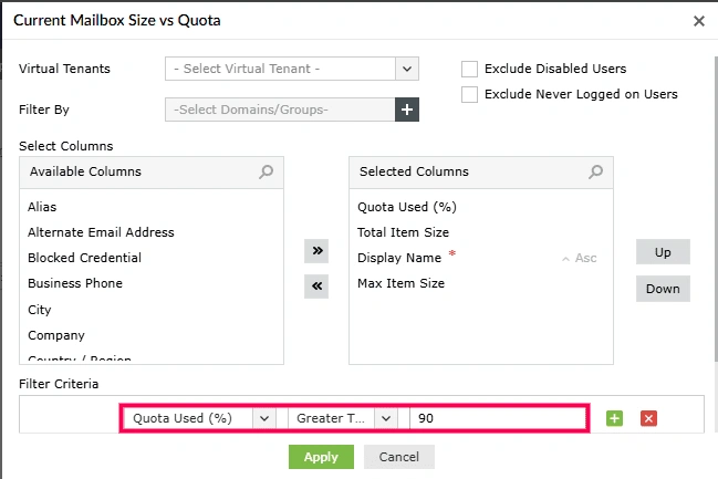 The M365 Manager Plus Current Mailbox Size vs Quota filter criteria section, showing a filter set for Quota Used (%) greater than a specified value.