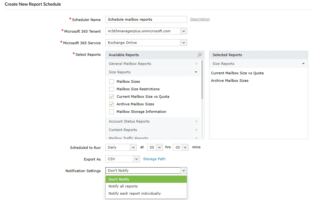 The M365 Manager Plus Create New Report Schedule page, highlighting the Don't Notify option in the Notification Settings drop-down.