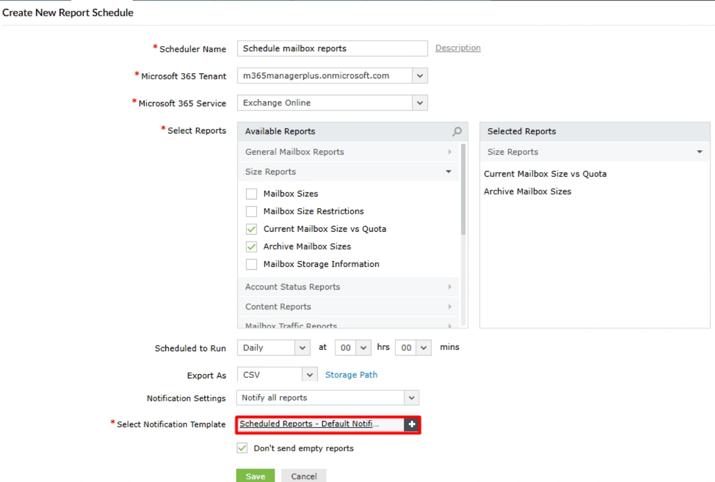 The M365 Manager Plus Create New Report Schedule page, highlighting the Select Notification Template field for configuring email notifications.
